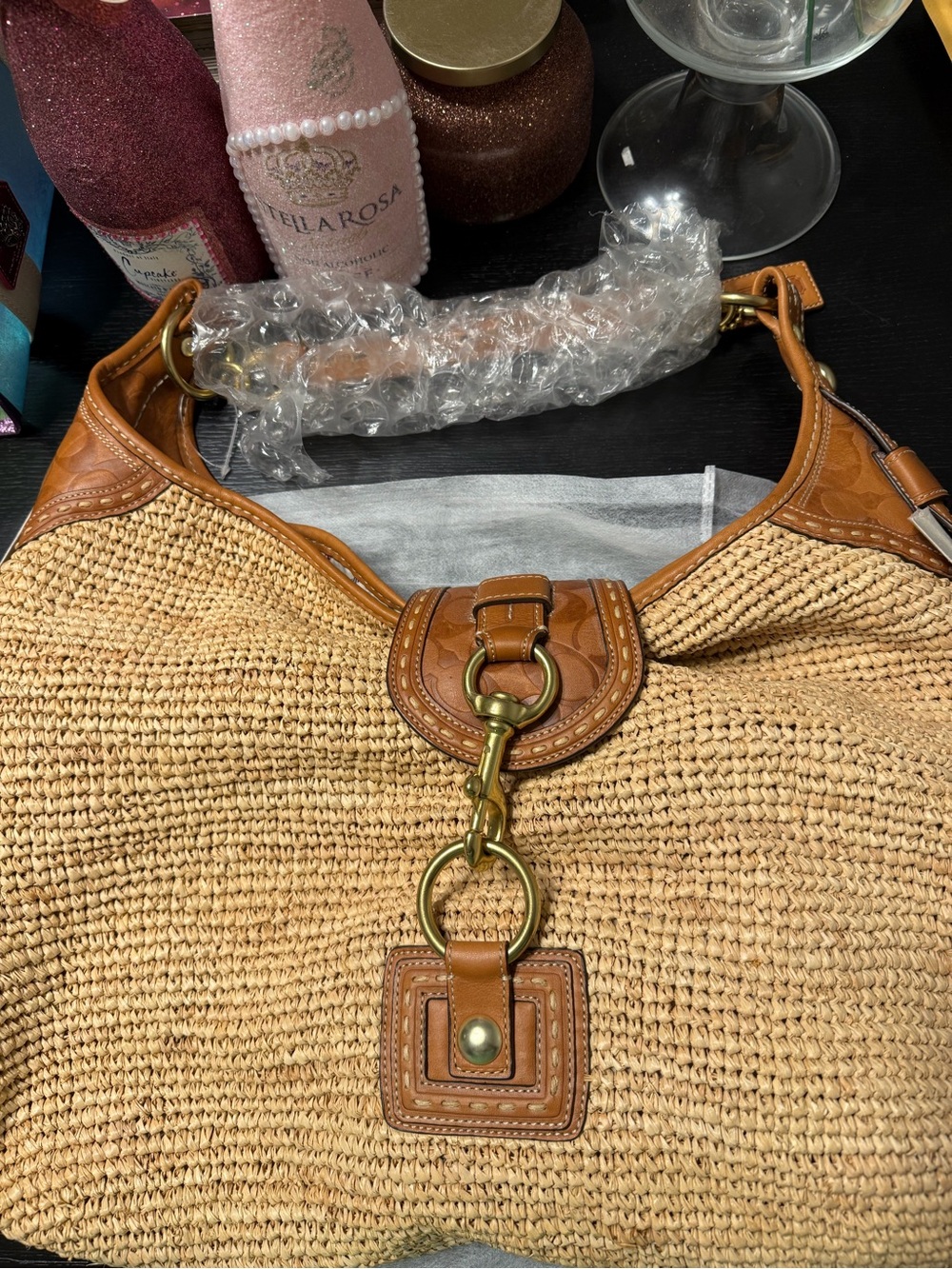 Woven Straw Hobo Bag with Tan Leather Trim